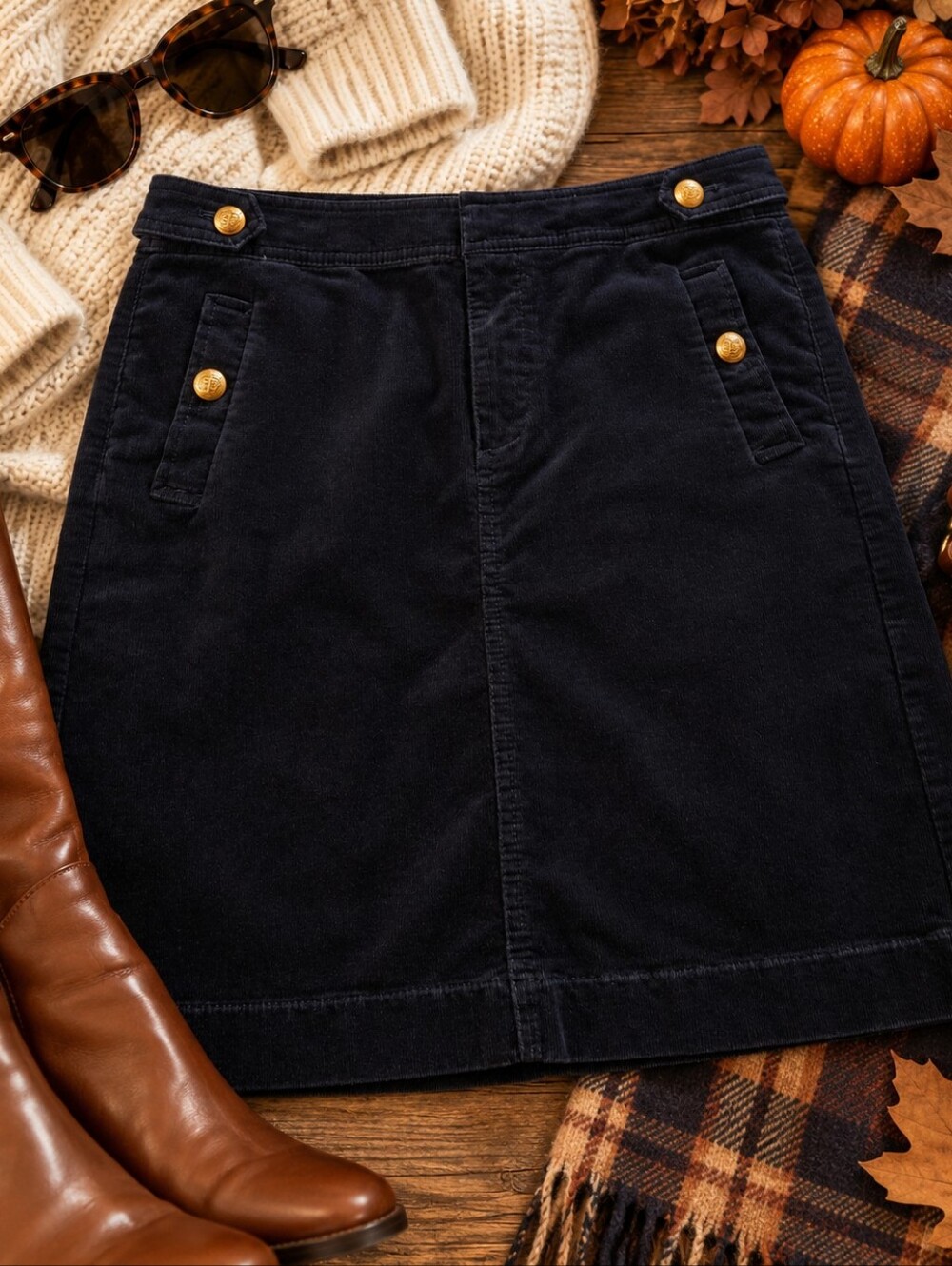 Talbots Navy Blue Corduroy A-Line Skirt with Gold Buttons 6 Petite